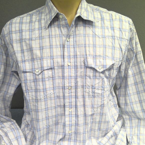 Classic Western Pearl Snap Shirt Long Sleeve Blue Plaid Men's XL - Picture 1 of 8